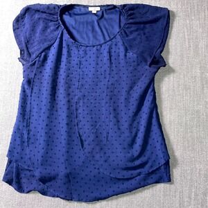 Roz & Ali Blouse Top Womens XL Navy Blue Swiss Dot Chiffon Short Sleeve Casual